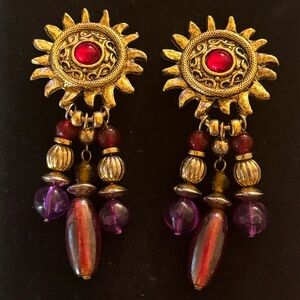 VTG Gold-Tone Sunburst Drop Earrings with Red and Purple Beads (Robert Rose?)